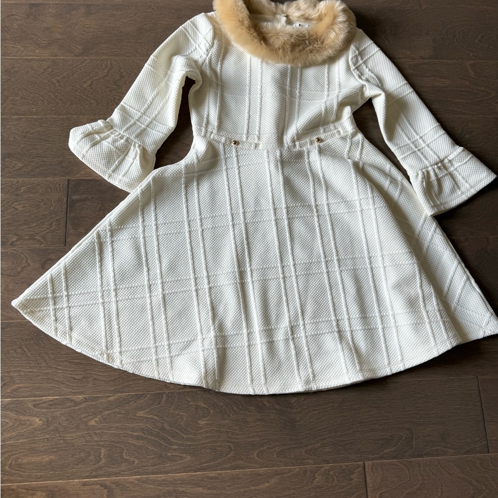 Janie and Jack Cream Textured Knit Dress with Faux Fur Collar